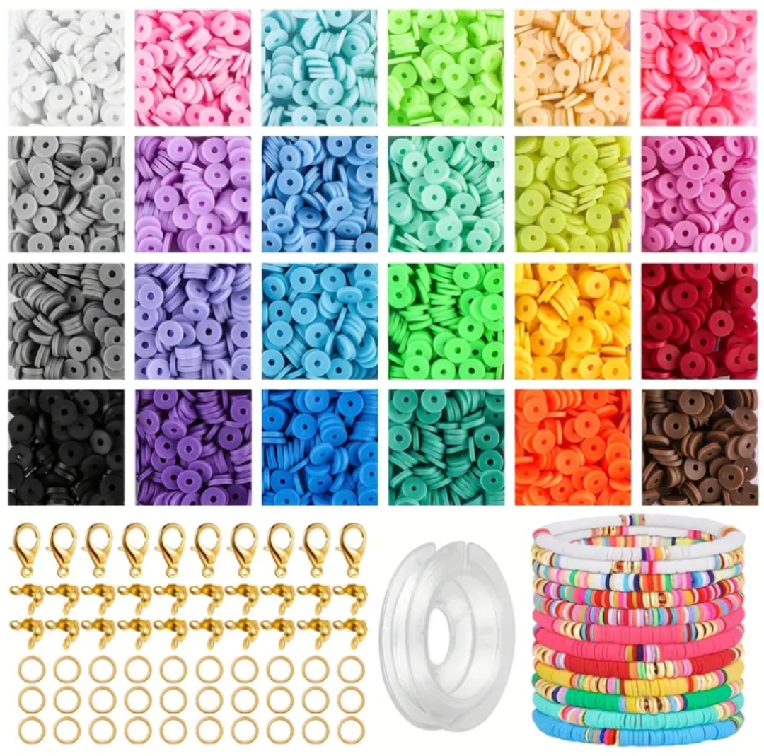 2400pcs 6mm Flat Round Polymer Clay Beads DIY Jewelry Making Kit with Elastic String and Accessories, Soft Clay Beads for Crafts, Birthday Gifts, and Holiday Presents