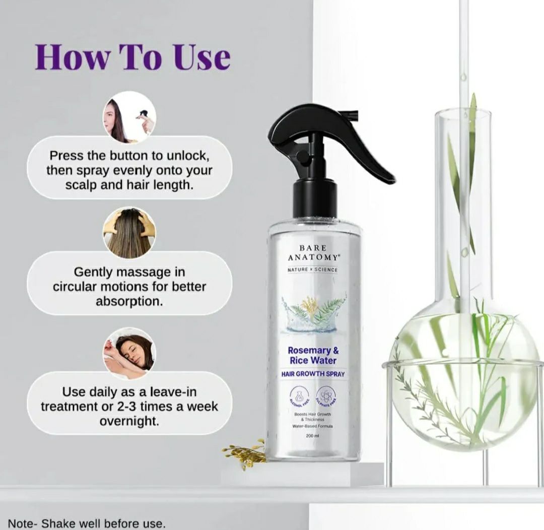Rosemary Water Spray for Hair Growth & Hair Fall Control - 200ml | Rice Water Hair Serum for Stronger Hair | Natural Hair Tonic for Men & Women