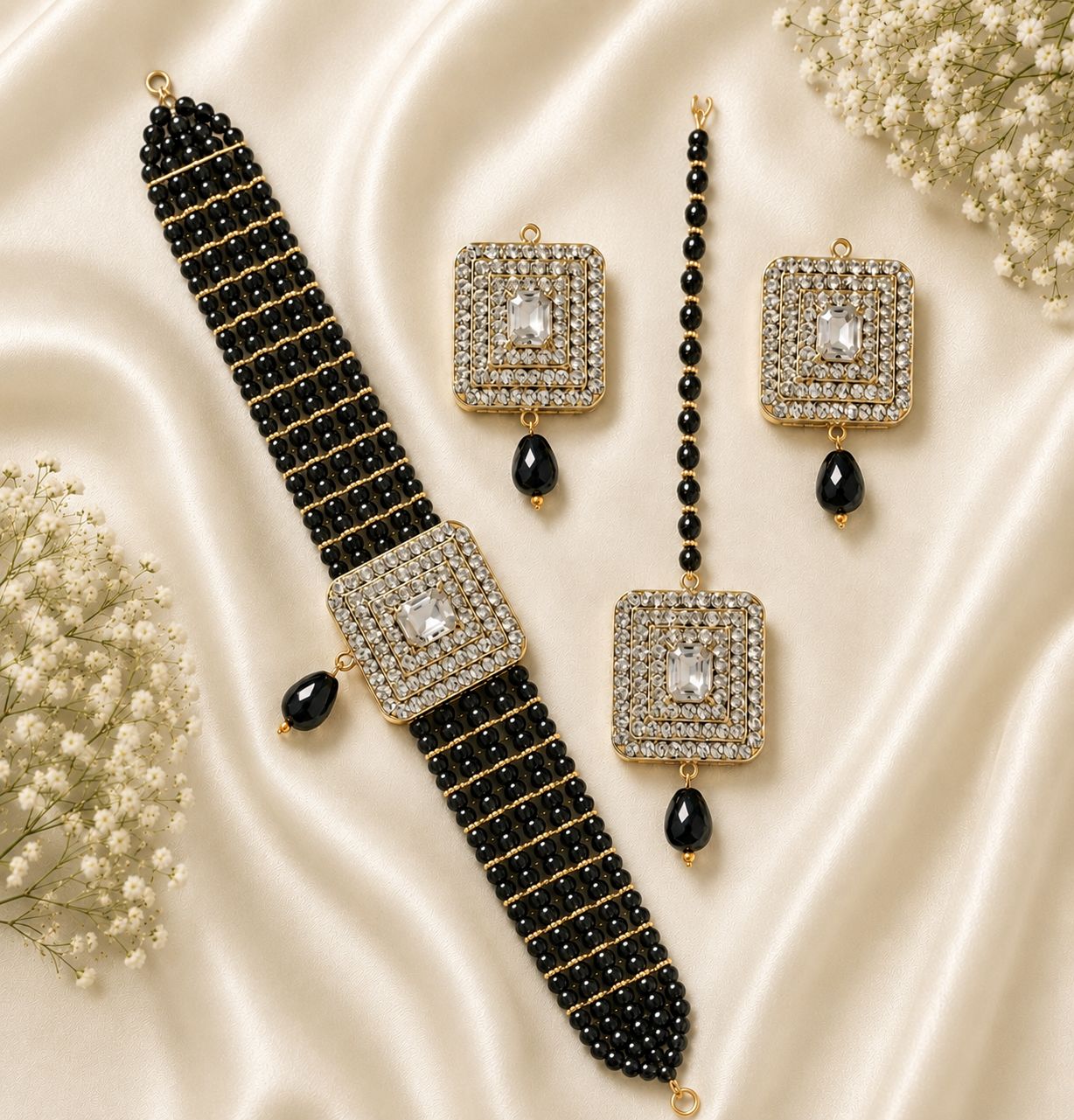 Zink Artificial Bridal Jewellery Set For Girls And Woman Article 64385 Luxury 5-Layer Crystal Choker Jewelry Set | Necklace, Earrings & Tikka