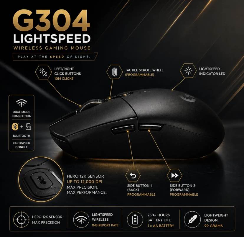Logitech G304 LIGHTSPEED Wireless Gaming Mouse | Dual Connectivity Bluetooth + USB Receiver | 12000 DPI | High Precision Gaming Mouse