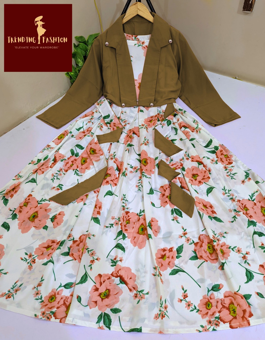 Jacket Style Maxi. Long Maxi with Jacket. Digital Printed Long Flare SleeveLess Belt Attached Maxi With Cotton Koti 2Pcs
