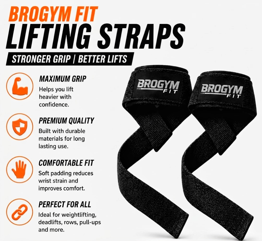 BROGYM FIT Weight-Lifting Power Straps with Padded Neoprene Wrist Support Heavy Duty Military Grade Gym Straps for Deadlift Black