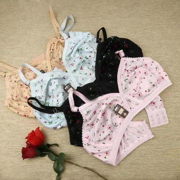Pack of 4 Soft Cotton Jersey Printed Bras for Women - Multi Color, 3 Hook Back Closure, Non-Padded, Wirefree, Comfort Everyday Wear | Bra For Girls | Bra For Womens