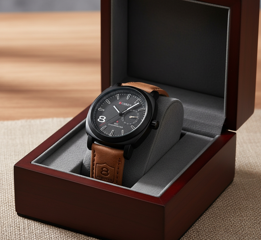 Classic Men's Watches Black Dial GMT Chronometer Watch with Brown Genuine Leather Strap –Water Resistant Watches for Boy's - Stylish Analog Wristwatch