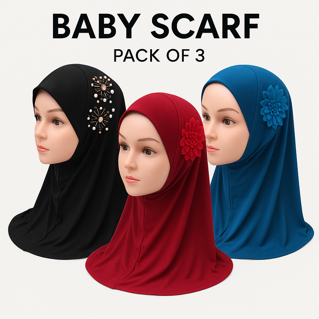 Pack of 3 Muslim Kids Girls Hijab | Islamic Headscarf with Diamontes Flower | One Piece Full Cover Makna Wrap | Ice Silk Scarf for 1-8 Years | Modest Stylish Hijab | Small to XL Sizes | Soft Comfortable | Perfect for Daily, Eid & School Use