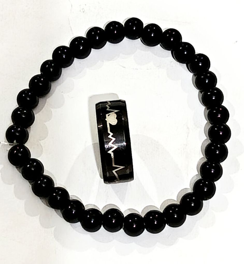 3PS/HOT SELLING  JEWELRY DEAL FOR MEN /WOMEN -TOP FASHION HIGH QUALITY SIX SIDED NATURAL BLACK PERSIAN STON PANDANT/ LOKCKET +STAINLESS STEEL BLACK TITANIUM HEART BEAT RING+ NATURAL BLACK BEADS BRACLET FOR BOYS AND GIRLS -FASION JEWELRY FOR UNISEX