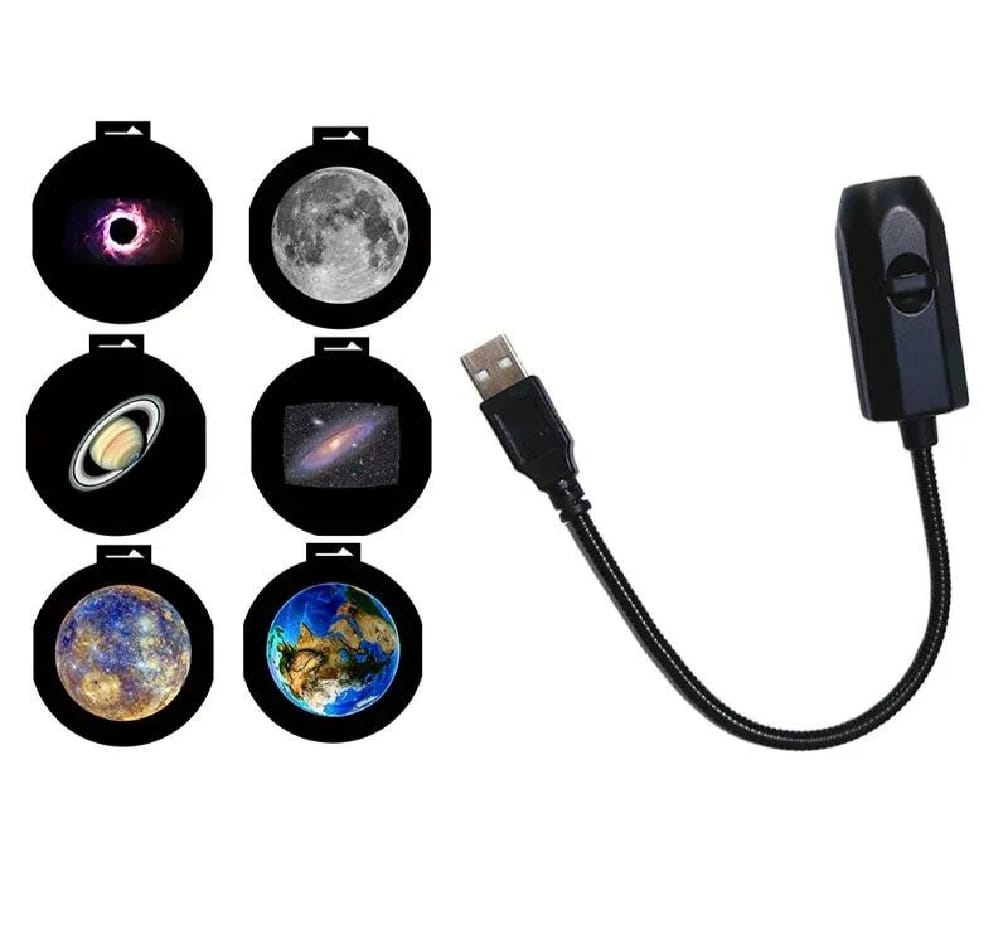 USB Galaxy & Moon Projection Night Light | Mini Flexible USB Projector Lamp | Multiple Slide Patterns | Bedroom, Gaming Room & Home Decor Light