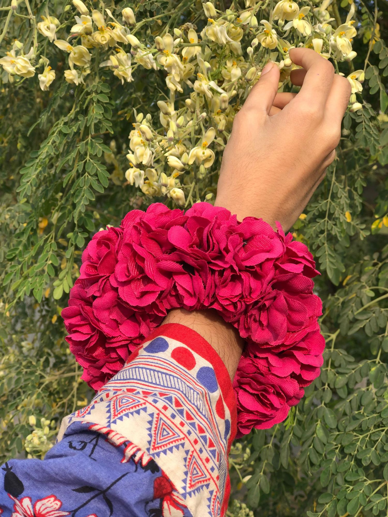 Artificial Flowers Hand Gajra Made with Red Velvet Fabric
