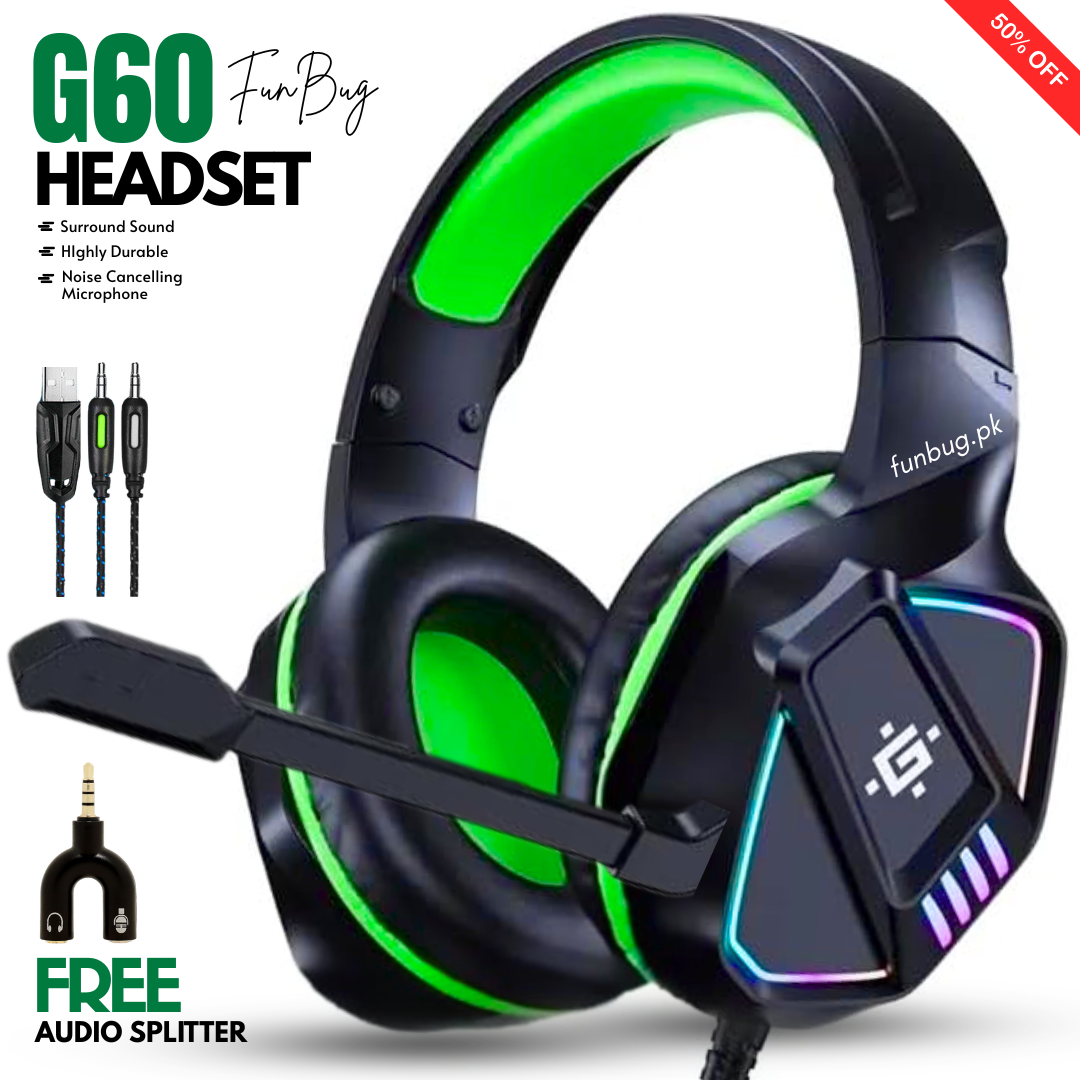 【Professional】 Defender G60 Gaming Headphones Rgb with Mic for PC, Pubg Mobile, PS4, Laptop - 360 Surround Sound  Super Bass Vibration Over the Ear Wired Head Phones Headset for Gaming with Noise Cancelling Micophone - By FunBug