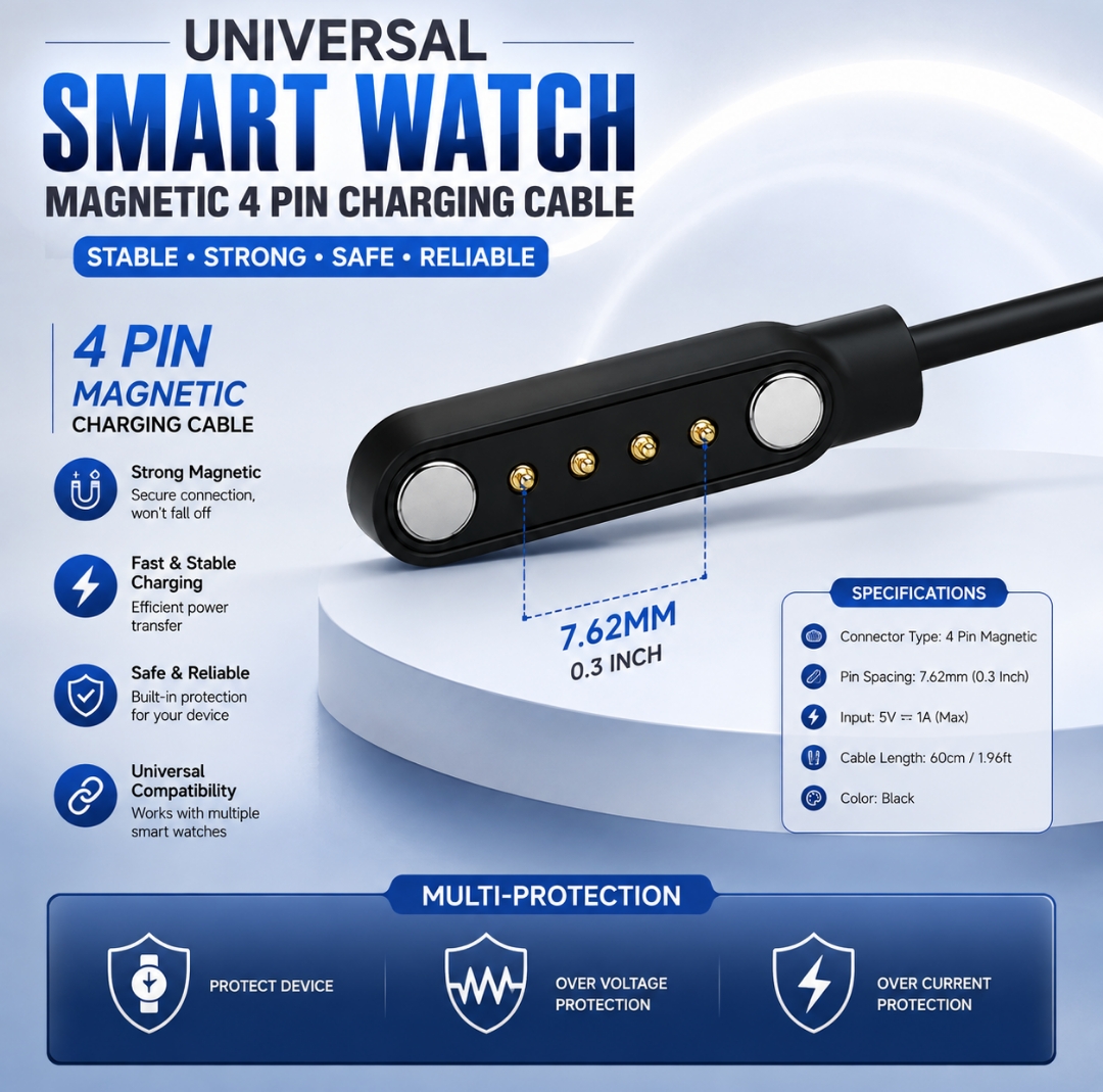 Universal Smart Watch Magnetic 4 Pin Charging Cable – 7.62mm (0.3 Inch)