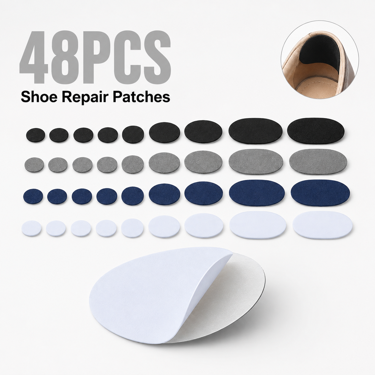 48Pcs Shoe Lining Repair Mending Patches, 3 Sizes Self‑Adhesive Inner Heel Patch for Worn Footwear Sneaker