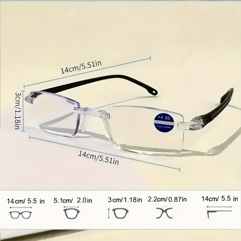 MJYIWANG 3-Piece Set of Men's and Women's Presbyopia Glasses - Stylish Frameless Rectangular Frame, Prescription +1.0 to +4.0
