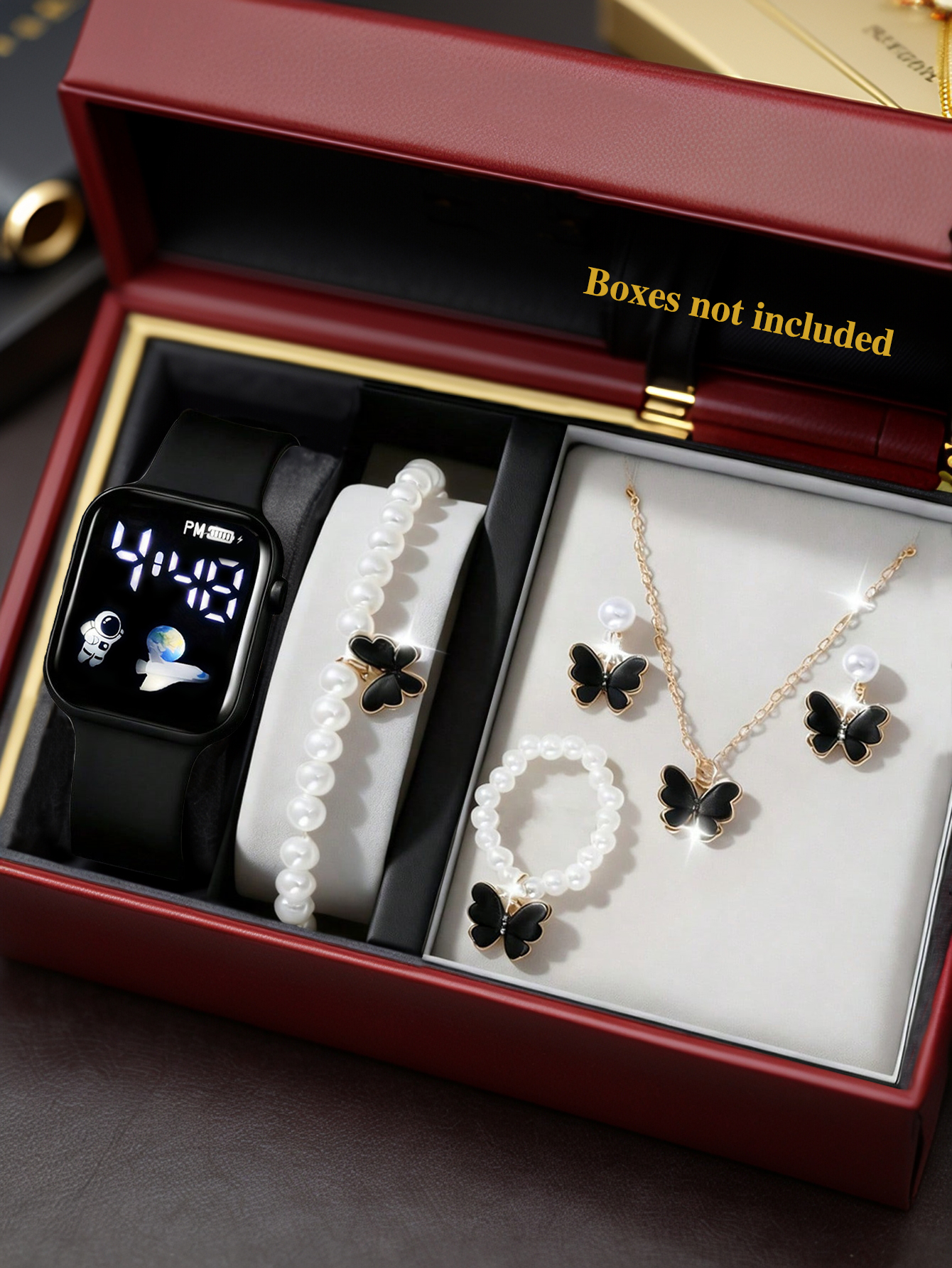 Square Electronic Watch Set with Beaded Butterfly Design and Spaceship Pattern Non-smartwatch Birthday  Without Box