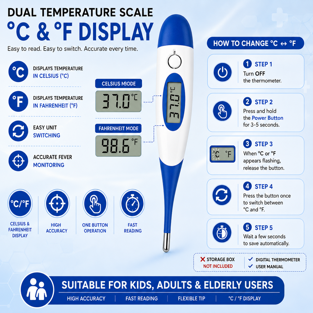 Digital Thermometer |  Fast Reading | Fever Alarm | LCD Display | Celsius & Fahrenheit | Combo Pack