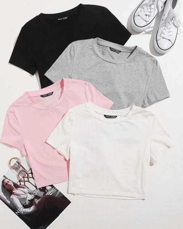 Crop Top Plain T Shirts Pack of 4 For Women Casual Summer Short Sleeve Plain Tops Soft Stretchable Fabric Value Combo Set