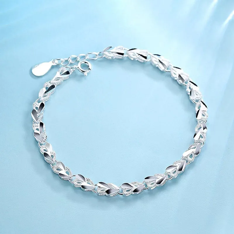 New trendy 925 sterling Silver charms heart love Bracelets chain for Women fashion Wedding accessories Jewelry 20cm 8inch 