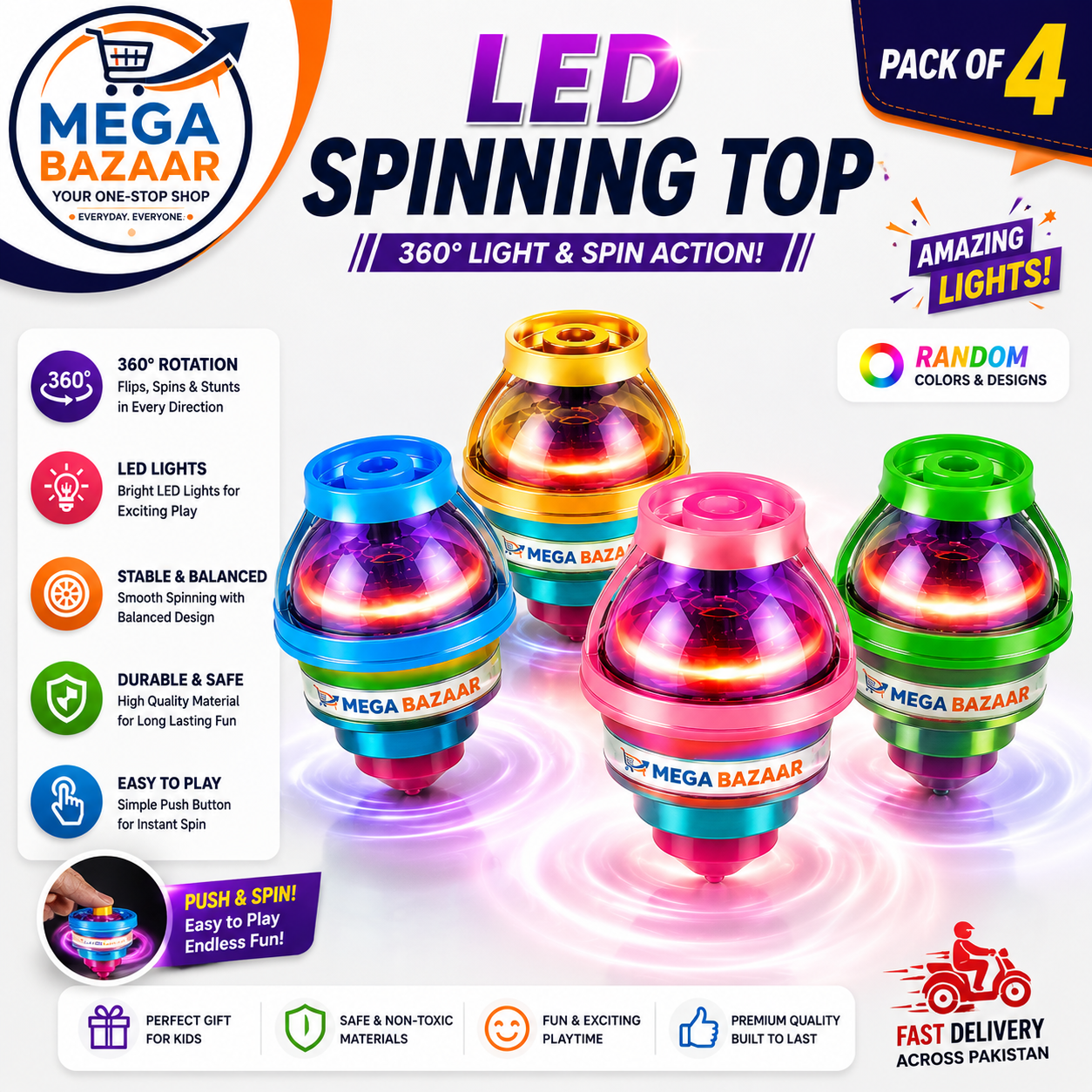 LED Light Up Spinning Top Toy - Flashing Gyroscope Spinner with Luminous Effects - Classic Peg-Top Toy for Kids - Durable & Safe ABS Material - Fun Party Favor & Birthday Gift