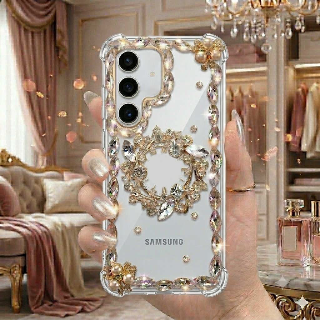 Samsung Galaxy A17 Cover for Girls - Ladies Fancy Back Cover  -   StoneFrameCZN - Stylish Fancy Girls Mobile Back Cover Pouch Case - Crystal Stones & Diamond Frame - White - Samsung GalaxyA17