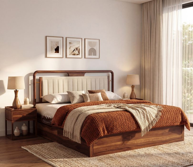 Sheesham Wood Bed with Upholstered Headboard & One Side  Drawer Storage (King Size, Jade Ivory, Teak Finish)