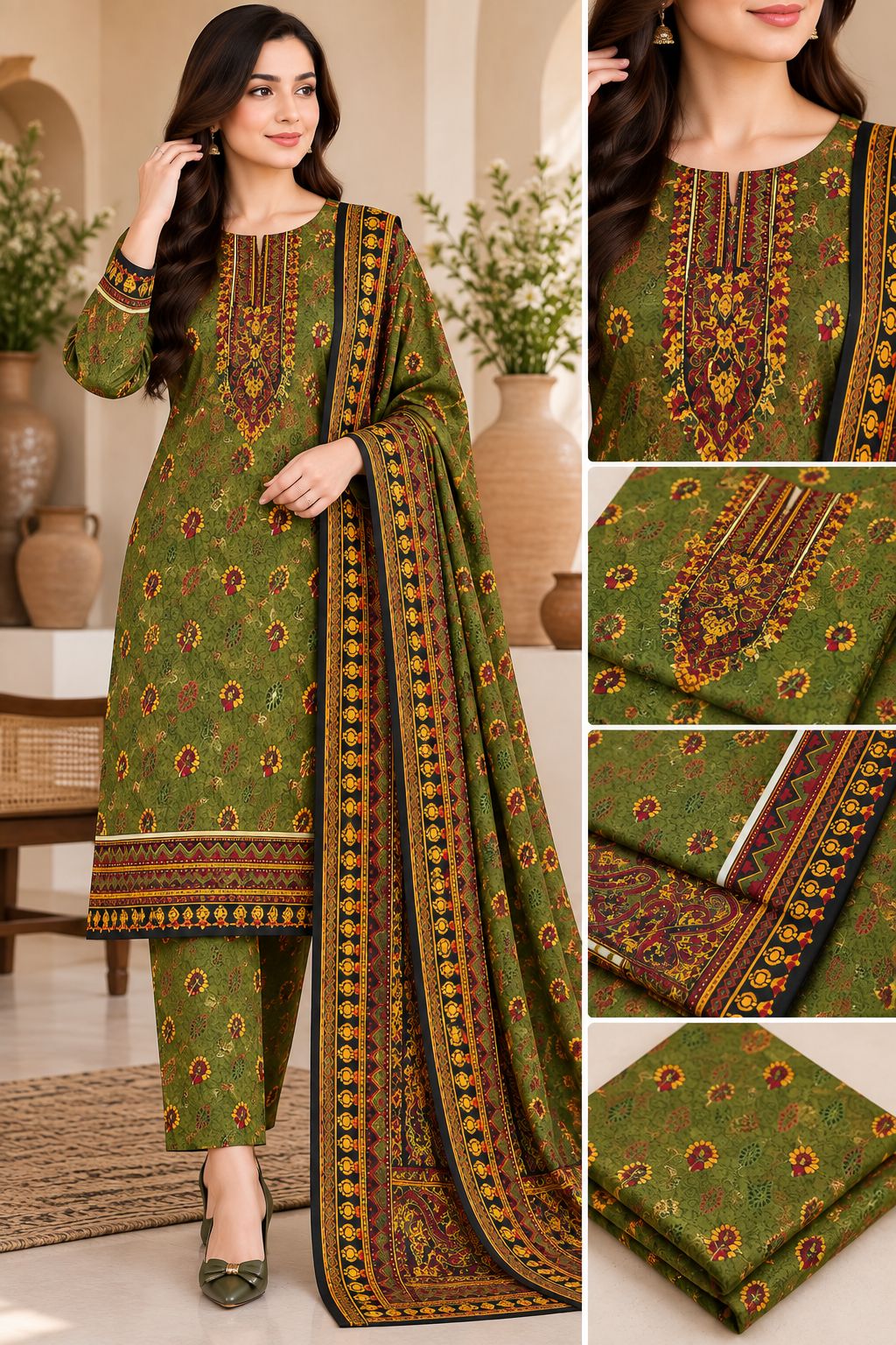 ANZARA 3 Piece Unstitched Suit for Women | Printed Shirt Trouser & Border Printed Dupatta | Elegant Ladies Dress