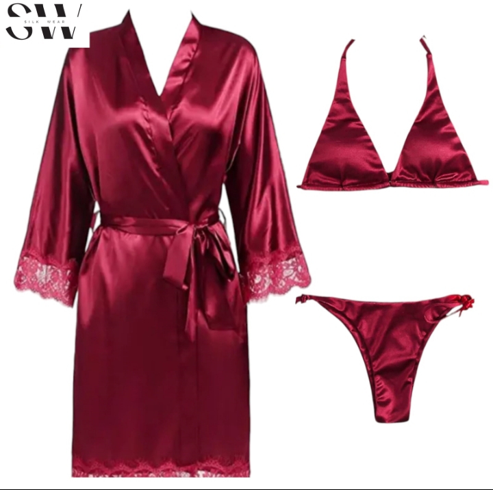 Ajmer Buys- 3 Piece Nighty Sleepwear Silk Satin night dress Lingerie Set With Robe Bridal for Ladies and Girls for Night Wear and Parties