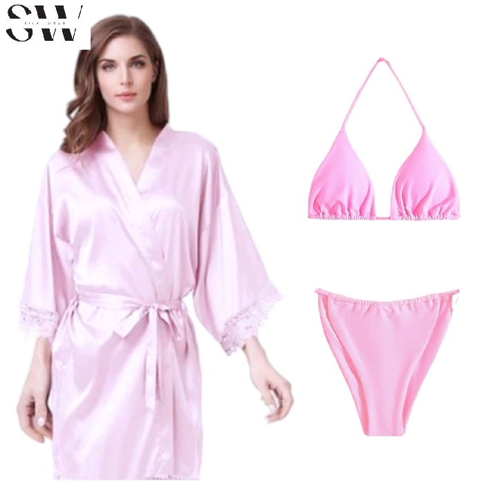 Ajmeri Buys- 3 Piece Nighty Sleepwear Silk Satin night dress Lingerie Set With Robe Bridal for Ladies and Girls for Night Wear and Parties