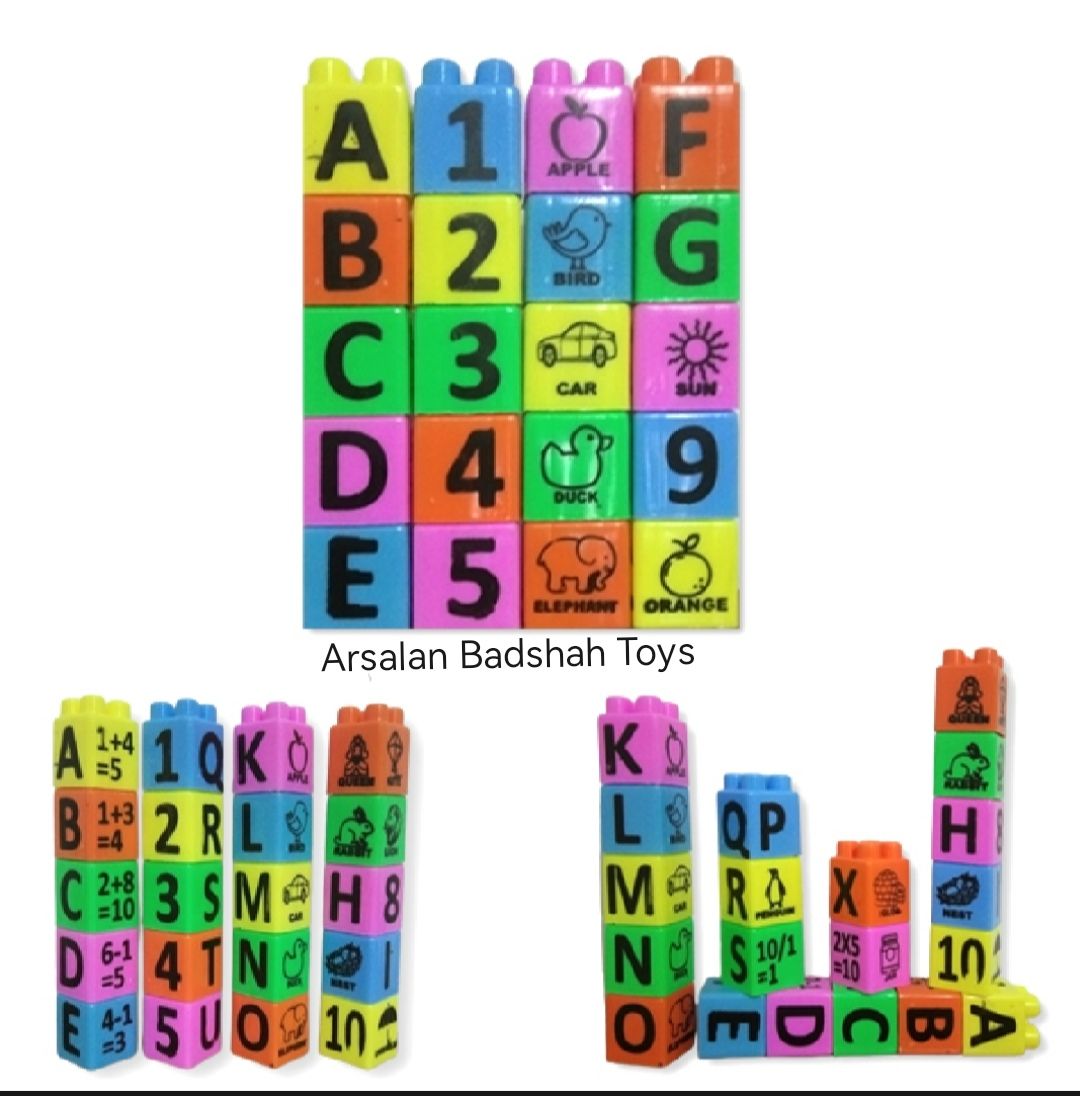 Educational Blocks Toys Set , Alphabet Letters Words -A to Z , Counting 1to 20 - Learning Spelling. (Local made Plastic) ( Small Size Block).