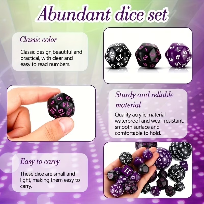 DND Polyhedron D3-D100 Dice Set (15 Pieces) for Roleplaying Tabletop Game with Drawstring Pouch