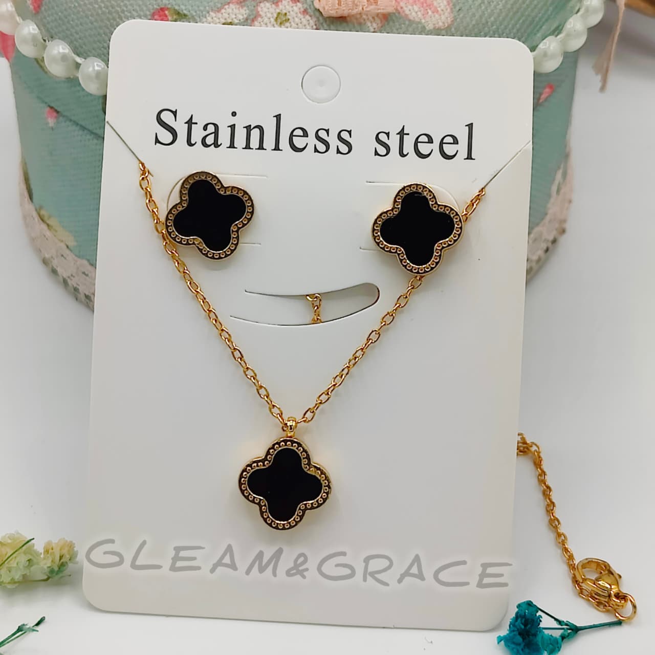 Stainless Steel Black Clover Shaped Necklace with matching stud earrings - A Symbol of Luck and Elegance Clover Jewelry Set by Gleam&Grace