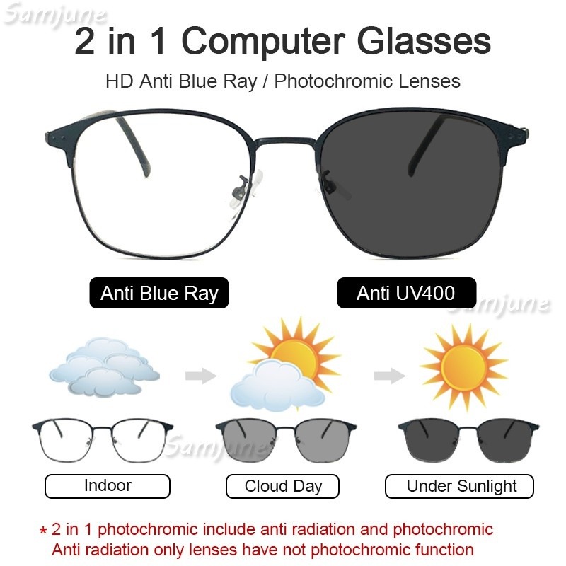 Photochromic Glasses Anti Radiation Metal Anti Blue Light Eyeglass for Women Men Replaceable Rectangle Lens Glasses