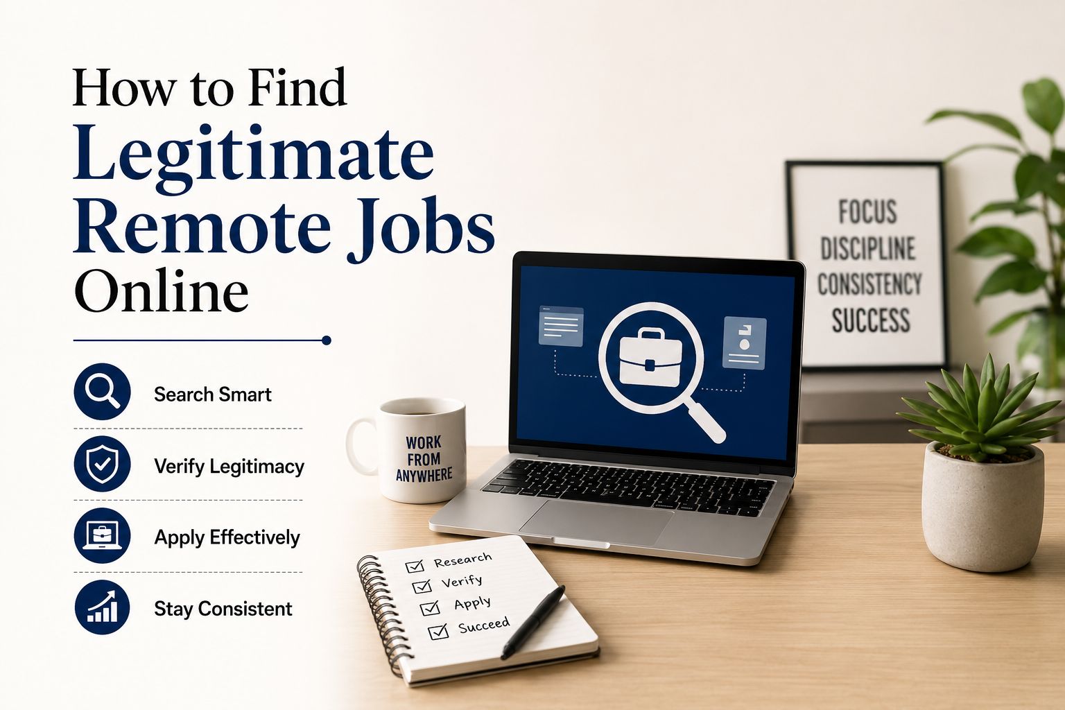 How to find legitimate remote jobs online – visual guide with steps: search smart, verify legitimacy, apply effectively, stay consistent. Emphasizes work from anywhere with focus, discipline, consistency, and success.
