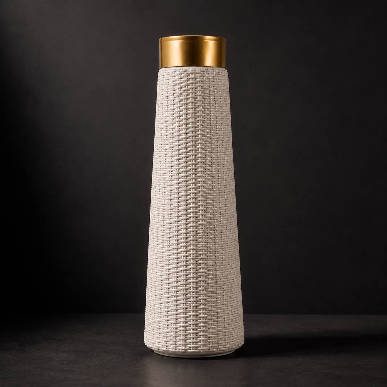 Luxury Black / White Woven Vase with Gold Rim (H=24inches , W= 6 inches)– Modern Decorative Table Accent Floor Planter