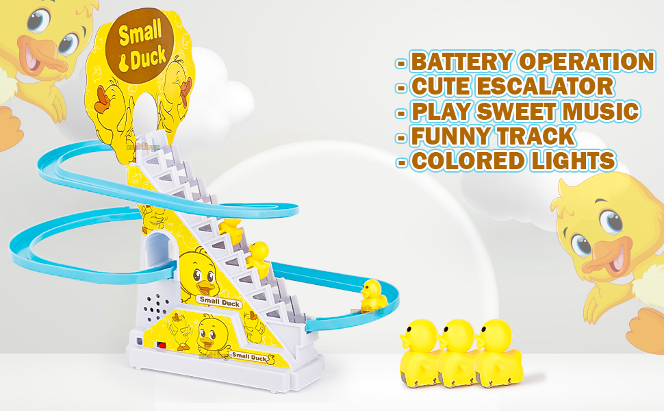 Small Duck Slide Toy,Electric Duck Climbing Stairs Tracks Slide Toy Set,Duck Roller Coaster Toy with Flashing Lights & Music On/Off Button