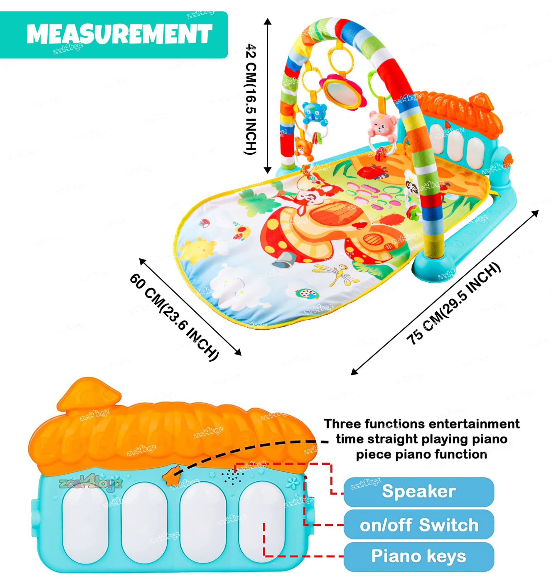 Baby Play Mat Gym & Fitness Rack with Hanging Rattles Lights & Musical Keyboard Mat Piano Multi-Function