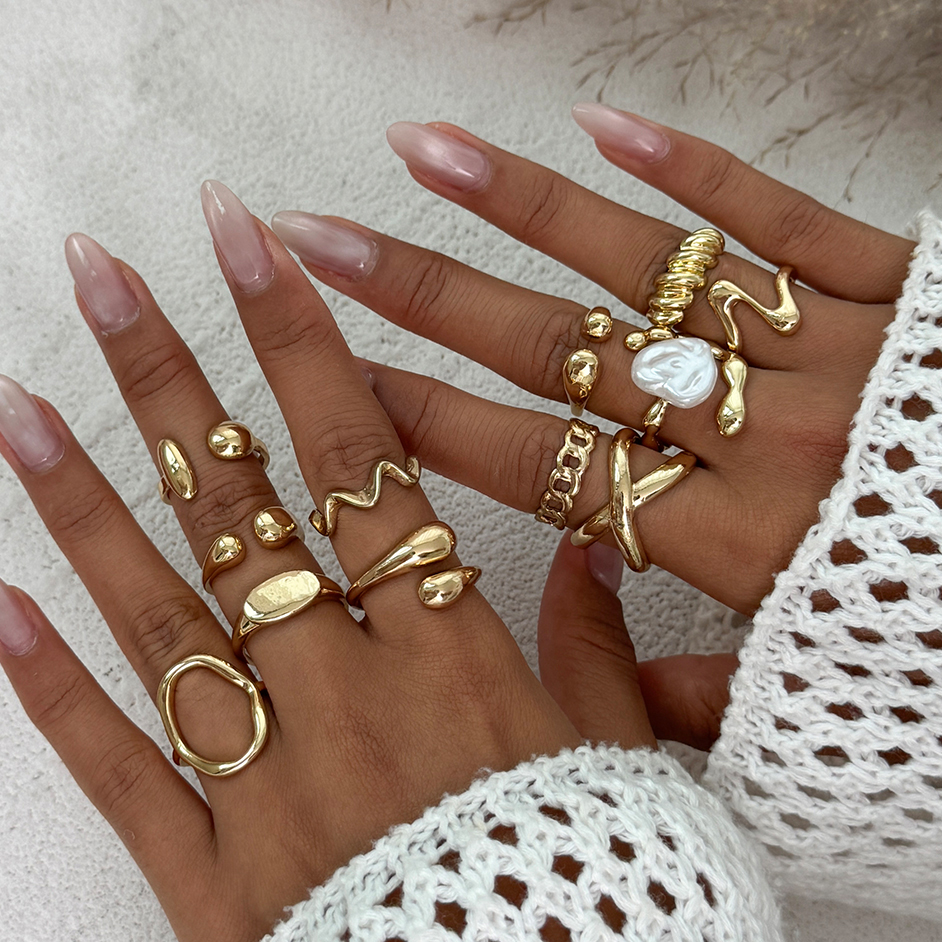 Ingemark 12Pcs/Set Vintage Metal Water Drop Open Ring for Women Trend 2025 Creative Geometric Ring Engagement Daily Jewelry 