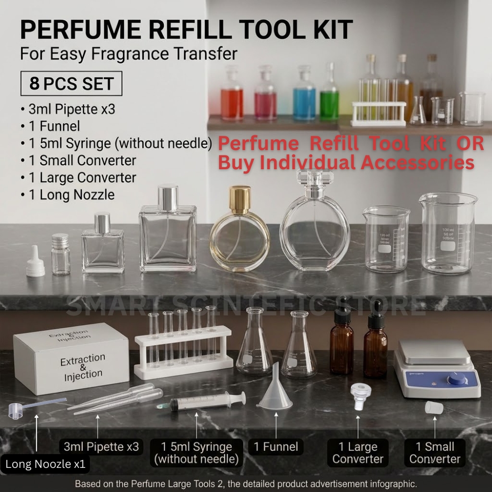 Perfume Refill Tool Kit 8-Piece Fragrance Transfer Set with 5ml Syringe, 3ml Transfer Pipettes Dropper x3, Funnel Long Nozzle Small & Large Converters Extraction & Injection for Travel DIY Use (Complete Kit or Individual Accessories Variations Available)