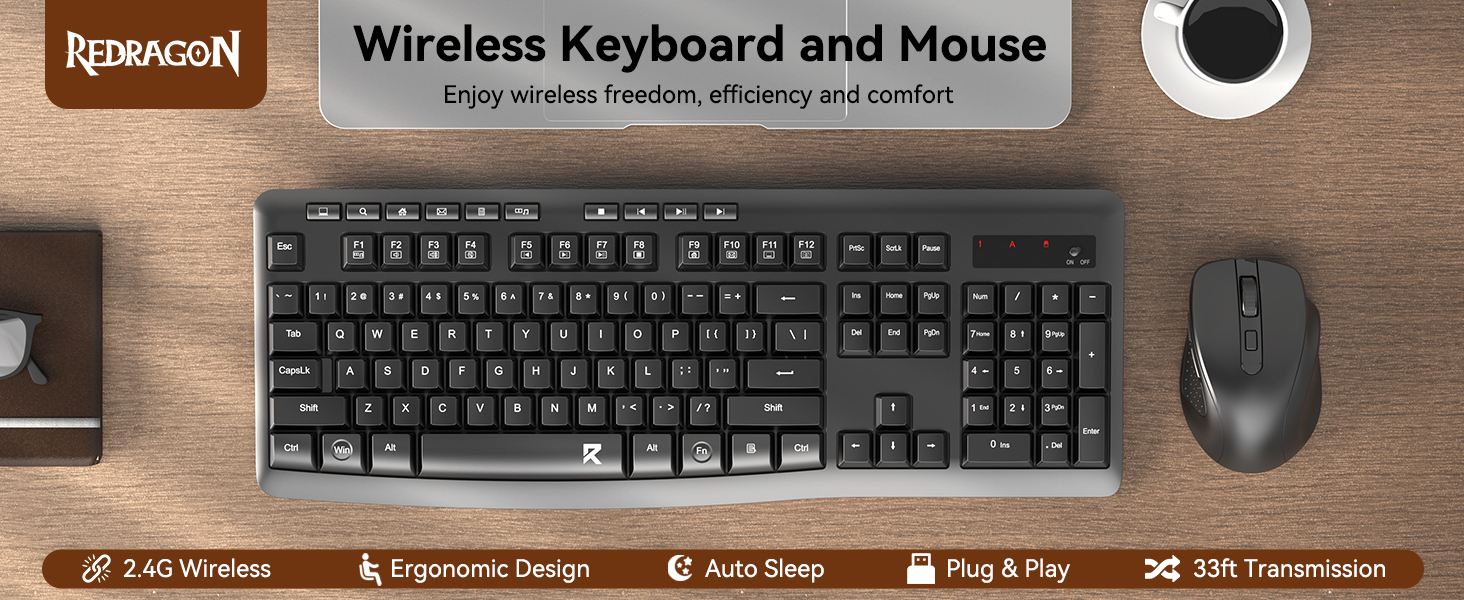 Redragon BS-7367B Wireless Keyboard and Mouse Combo Membrane Basic Mouse and Keyboard 2.4G Full-Sized with 5 Level DPI Adjustable 14 S2b5ef56ec3454d279ae824b6296e2ef0X