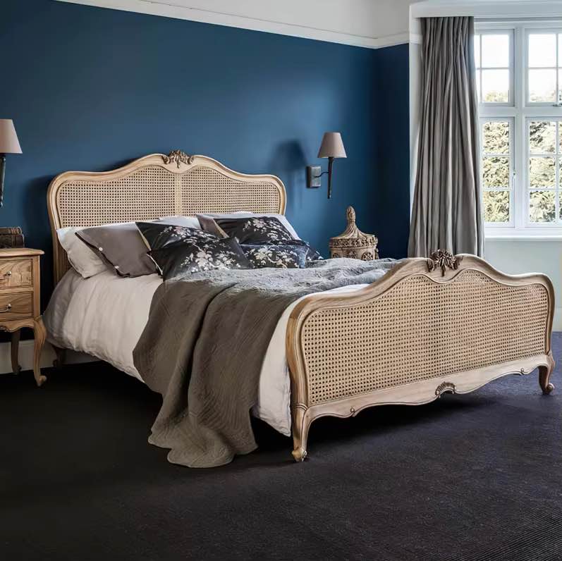 French Style Solid Sheesham Wood Double Bed with Rattan Headboard King Size Comfortable & Durable Elegant Wooden Finish