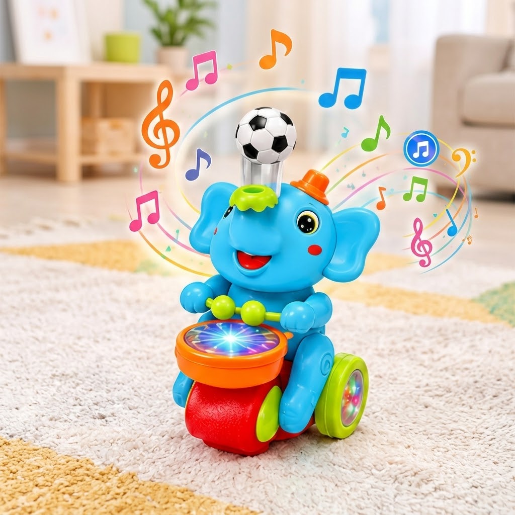 Musical Elephant Toy for Kids – Dancing & Drumming Elephant with Music, Bump & Go Function, Educational Interactive Toy