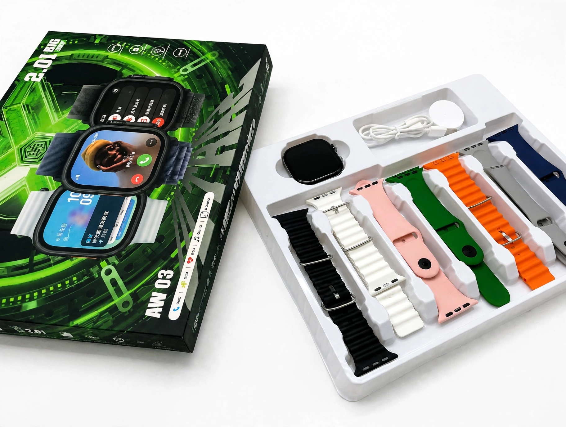 AW03 Smart Watch 7 in 1 Straps 2.01 Big Display Wireless Charging + 7 Silicon Straps For Boys Girls