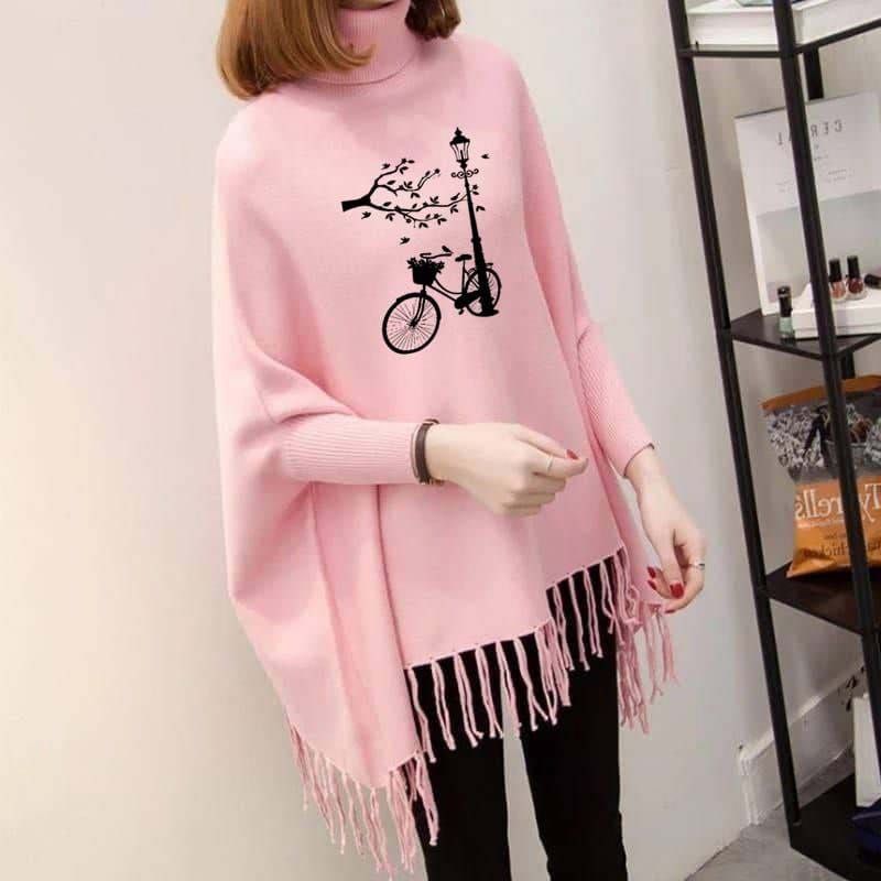 Cycle Printed Bat Wing Style Winter Poncho For women