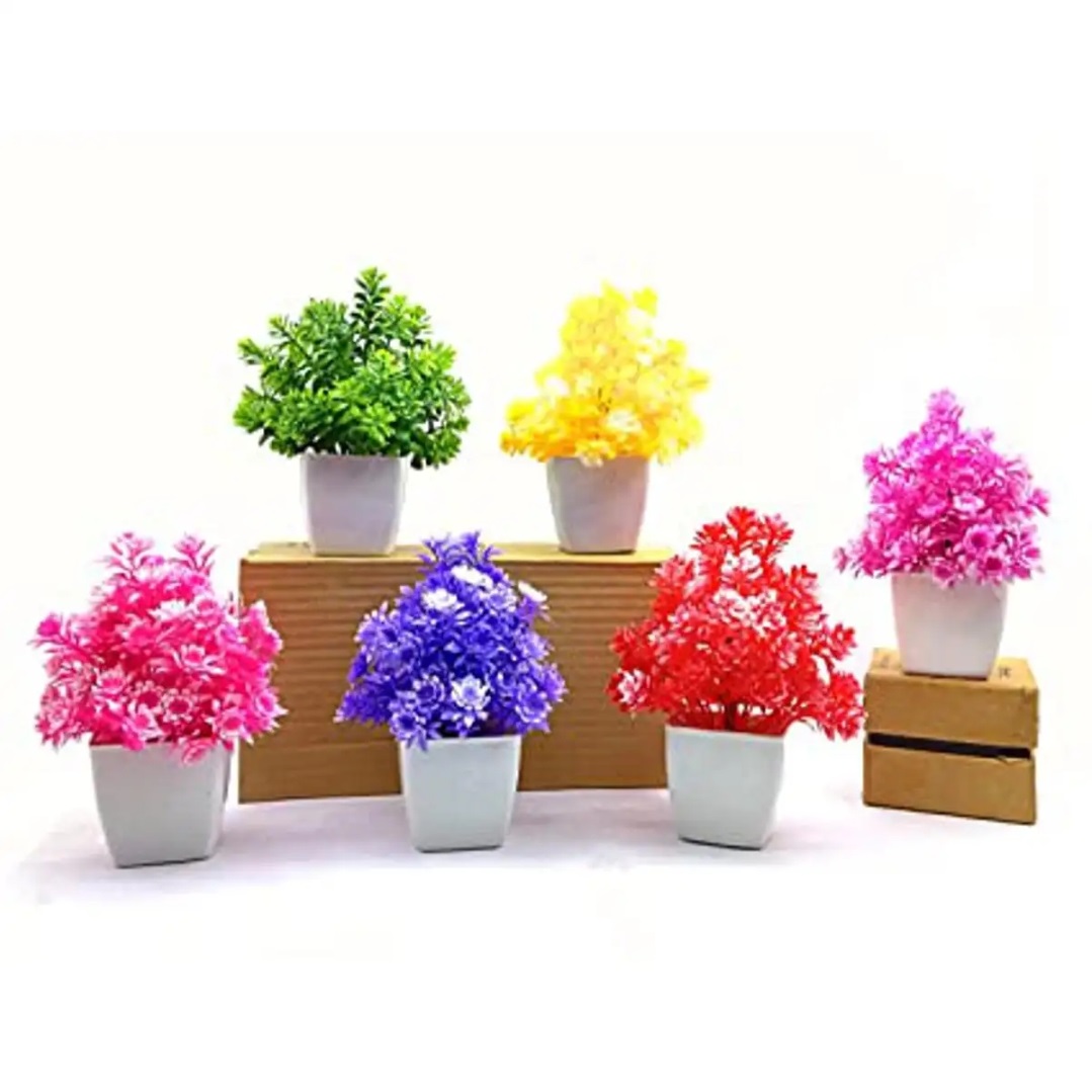 Pack Of 6 Artificial Mini Potted Plants Multi Color Made Of Plastic Material Best For Home,Office and Event Decor. Height 4.5 inches