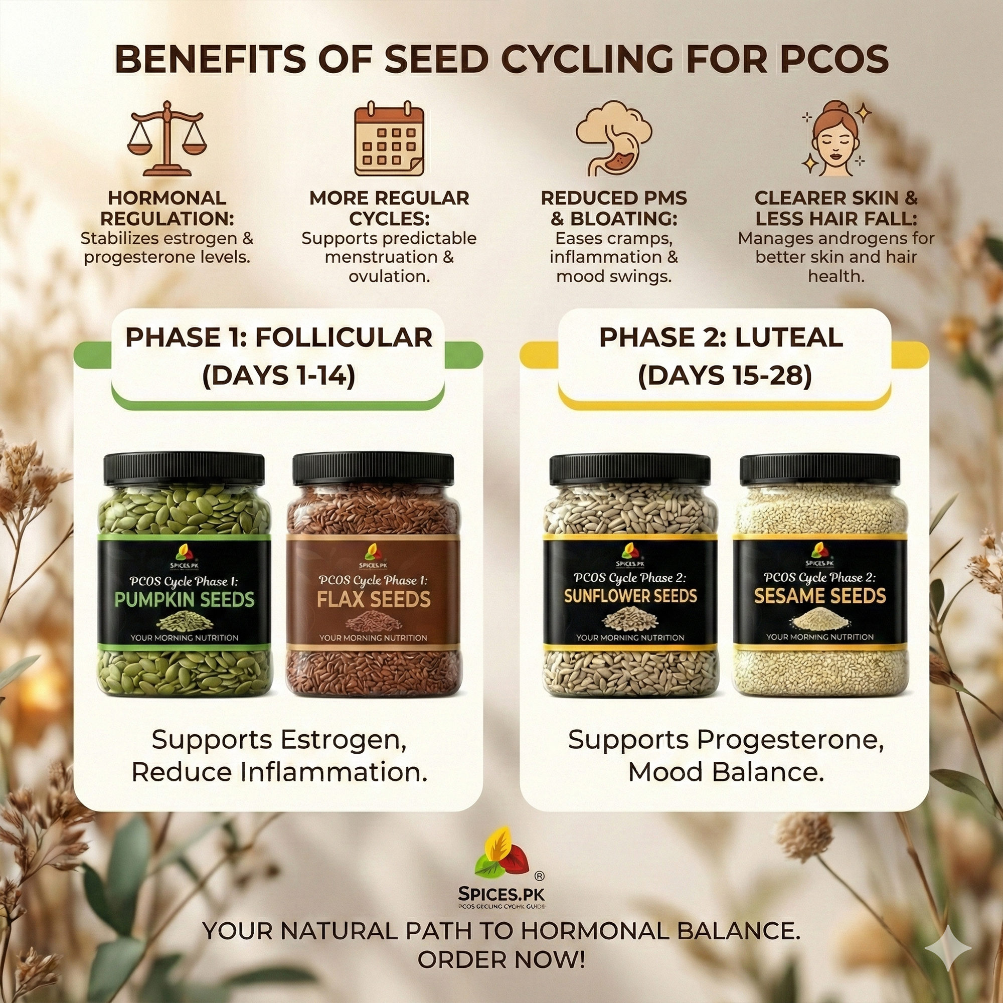 PCOS Seed Cycling Kit (400g Bundle) - Pumpkin, Sunflower, Flax & Sesame Seeds (100g Each) for Hormonal Balance & Irregular Periods