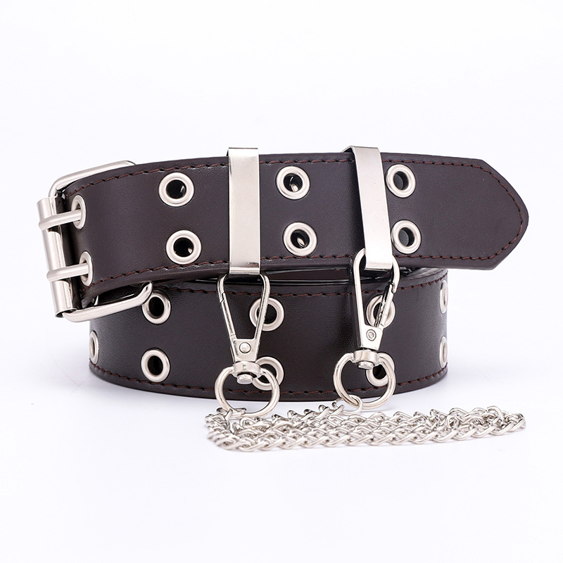 Women Double Ring Belts Double Hole Eyelet Grommet Leather Buckle Punk Pin Belt Leisure Dress