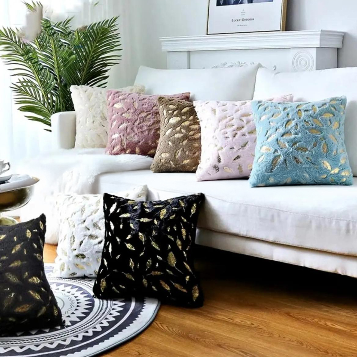 Super Soft Square Faux Fur Throw Pillow Cover with Gold Feather Design, 40x40cm (16x16 inch)
