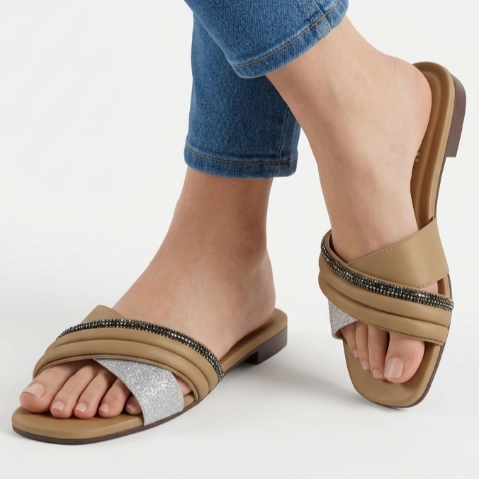Metro Chain Embellished Flat Sandals for Women AMERICAN Tan Gold Chain Slides Sandals