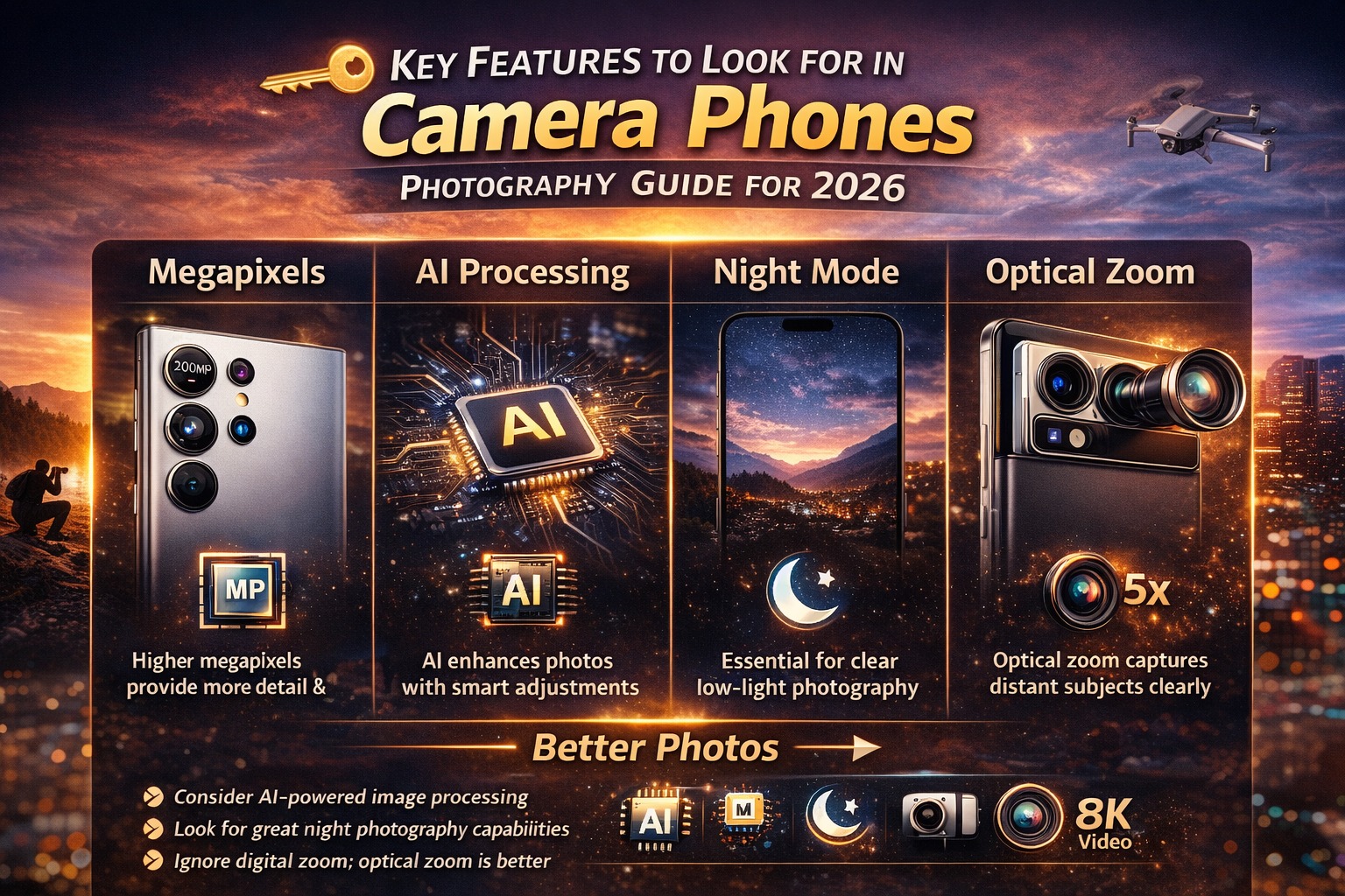 Smartphone camera features guide showing megapixels AI photography night mode and optical zoom for better smartphone photography in 2026
