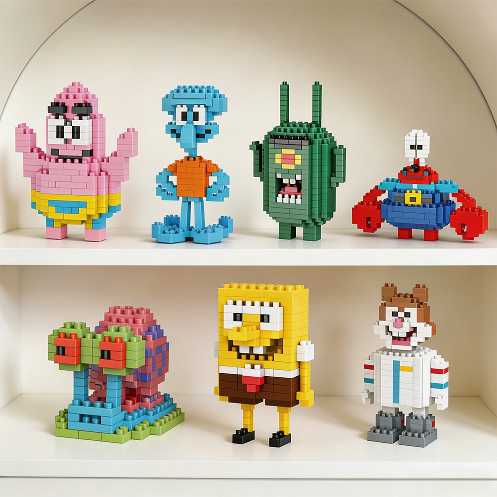 Yellow Sponge Cartoon Square Octopus Crab Mini Building Block Anime Character Brick Model DIY Assembly Toy Desktop Ornament 