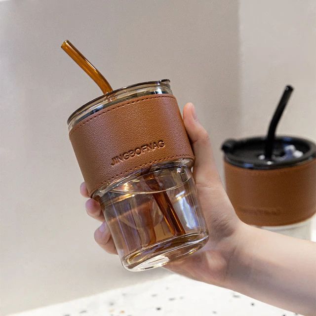 450ML Simple Coffee Cup with Lid and Straw Transparent Glass Tea Cup Juice  Glass Beer Can Milk Mocha Cups Water Mug Drinkware