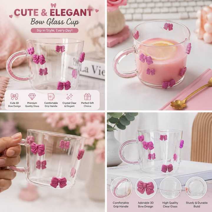 Bow Glass Cup 700ml | Cute Bow Design Drinking Glass | Large Capacity Water Cup | Reusable Glass Tumbler | Tea & Juice Cup